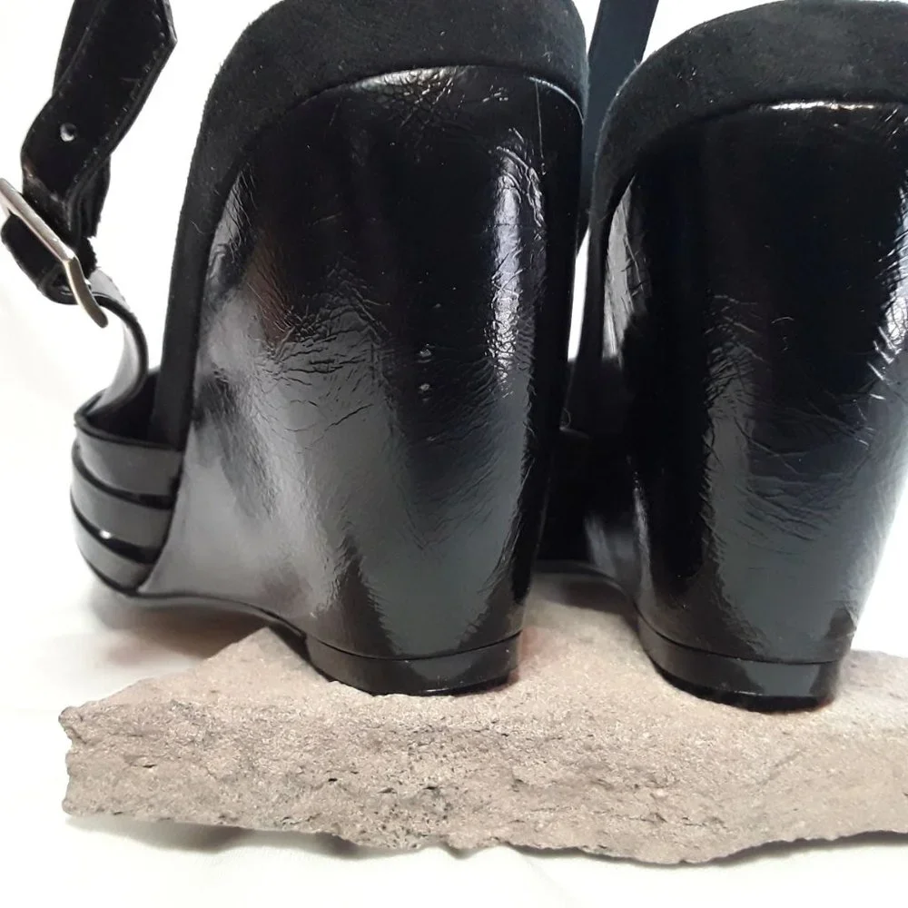 BANDOLINO Black Patent Leather Sling Back Platform Wedge Sandals SZ 8 - NWOB